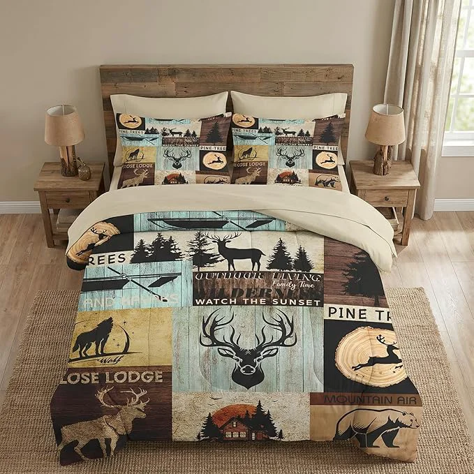 Secure 5 Pcs Twin Size Comforter Set with Pillowcase amp Sham Deer Pine Animal Bear Bedding for Kids and Adults Hunting Wolf Tree Woodboard Bed in a Bag with Flat Fitted Sheet Sophisticated