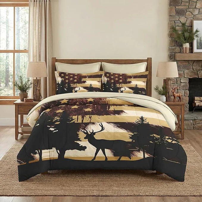 Reusable 7 Pcs King Size Comforter Set with 2 Pillowcases amp 2 Shams Animal Hunting Deer Bedding for Kids and Adults Retro American Flag Bed in a Bag with Flat Fitted Sheet Eco-Friendly