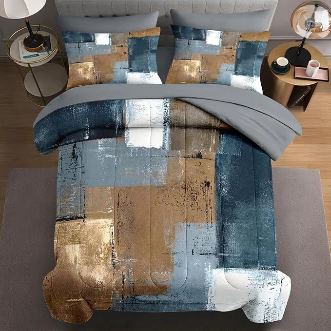 Powerful 5 Pcs Twin Size Comforter Set with Pillowcase amp Sham Grey Brown Painting Bedding for Kids and Adults Beige Contemporary Bed in a Bag with Flat Fitted Sheet Breathable
