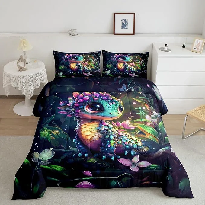 Reliable Feelyou Dragon Comforter Set Queen Size Dragon Stuff Comforter for Boys Girls Teens Wild Life Bedding Set Flower and Grass Duvet Set Room Decor Balck Green Quilt Set World-Class