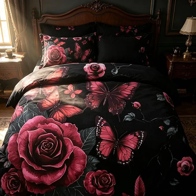 Recyclable Black Vintage Floral Comforter Set King Size Black Red Floral Bedding Set for Gothic Bedroom Decor 3 Pieces Soft Microfiber Lightweight Comforter Set with 2 Pillowcases 90 quot x104 quot Smooth