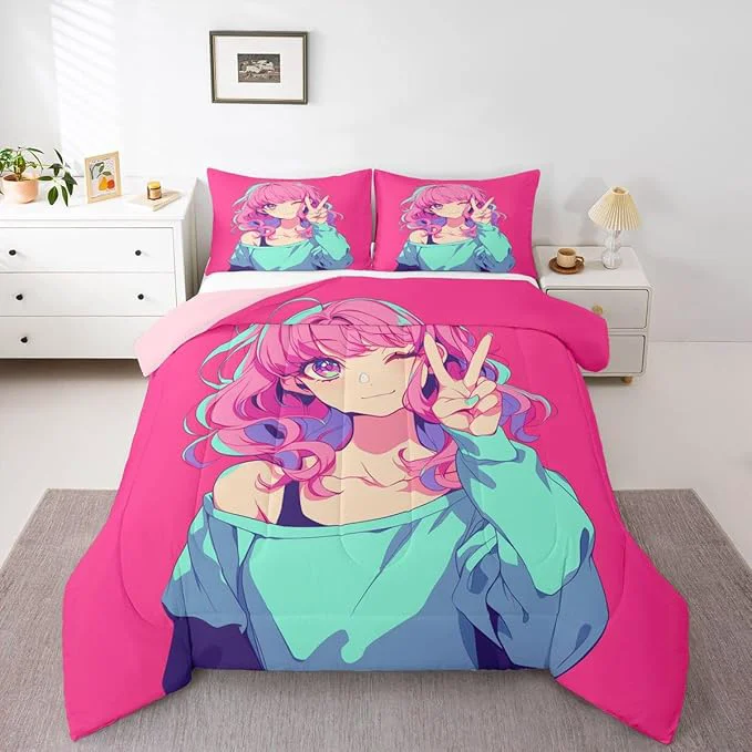 Advanced Erosebridal Japanese Anime Bedding 3D Anime Girl Comforter Set Kawaii Japanese Style Bedding Comforter Sets Cartoon Uniform Girl Duvet Insert for Girls Hot Pink Room Decor King Original Design