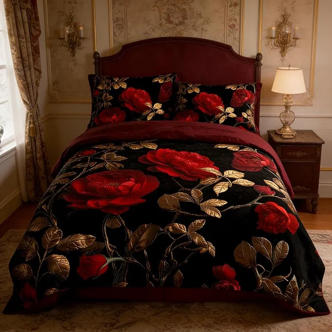 Top-Quality Vintage Floral Queen Size Bed in A Bag for Girls 7Pcs Burgundy Comforter Set for Gothic Bedroom Decor Black Floral Quilted Bedding with 2 Pillowcases 90 quot x90 quot Original