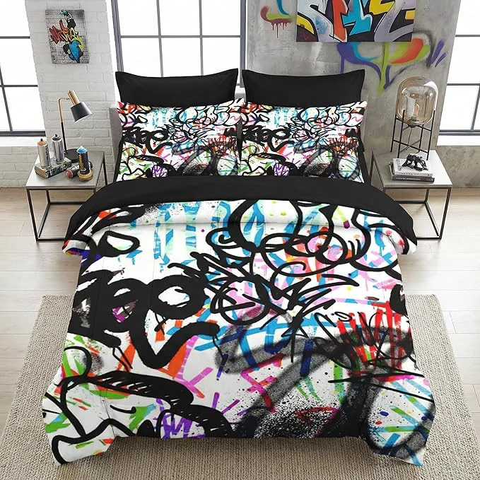 Smart 7 Pcs Queen Size Comforter Set with 2 Pillowcases amp 2 Shams Urban Modern Fashion Bedding for Kids and Adults Abstract Graffiti Bed in a Bag with Flat Fitted Sheet Versatile