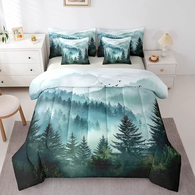 Refined Erosebridal Foggy Mountain King Bed in A Bag 7 Piece Green Forest Pine Tree Comforter Set with Sheets Nature Misty Woodland Bedding Sets for Kids Adults Flying Bird Bed Set Trendy