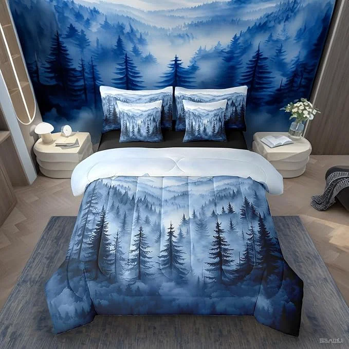 Next-Generation Erosebridal Boys Blue Forest Full Comforter Set with Sheets 7 Piece Rustic Woodland Pine Tree Bedding Set Jungle Smoky Mountain Bed in A Bag for Kids Adults Men Retro Natural Landscape Bed Set Quality