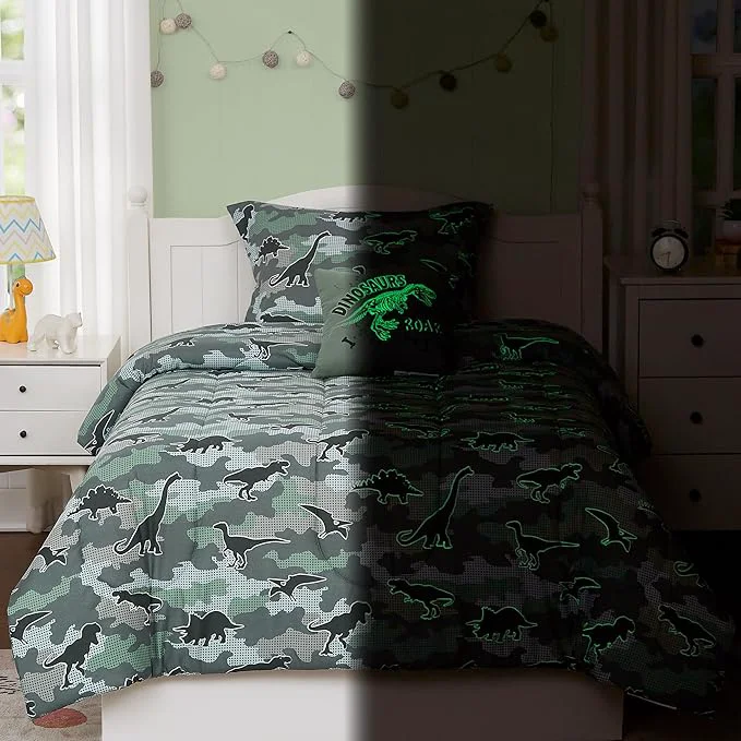 Stylish Twin Comforter Set for Boys-3 Pieces Glow in The Dark Dinosaur Twin XL Bedding Set with 1 Comforter 1 Decor Pillow 1 Pillow Sham Safe