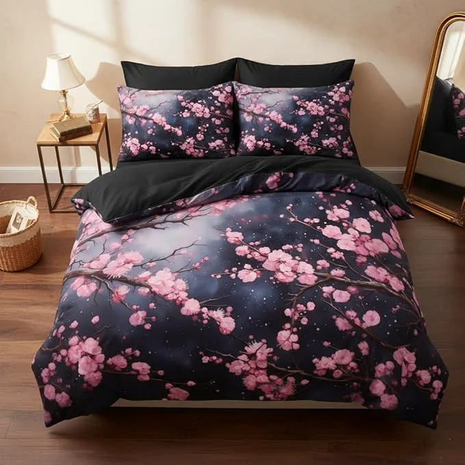 Consistent Japanese Cherry Blossoms Comforter Set King Size Pink Black Farmhouse Country Bedding Set for Adult Women 3Pcs Soft Microfiber Quilted Set with 2 Pillowcases 104 quot x90 quot Breathable