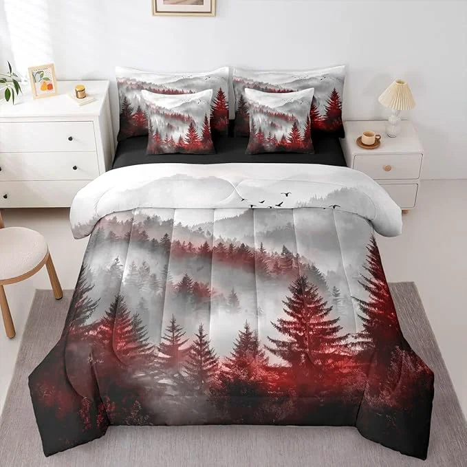 Artisan Erosebridal Foggy Mountain King Bed in A Bag 7 Piece Green Forest Pine Tree Comforter Set with Sheets Nature Misty Woodland Bedding Sets for Kids Adults Flying Bird Bed Set Consistent