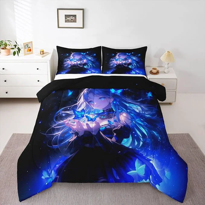 Casual Erosebridal 3D Japanese Girl Kids Comforter Set Blue Butterfly Decorations Bedding King Cartoon Down Comforter Anime Gifts for Her Duvet Set for Bedroom Natural