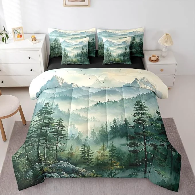 Classic Erosebridal Green Forest Full Comforter Set with Sheets 7 Piece Woodland Mountain Bed in A Bag Watercolor Pine Tree Bedding Sets for Kids Adults Nature Aesthetics Bed Set Trusted