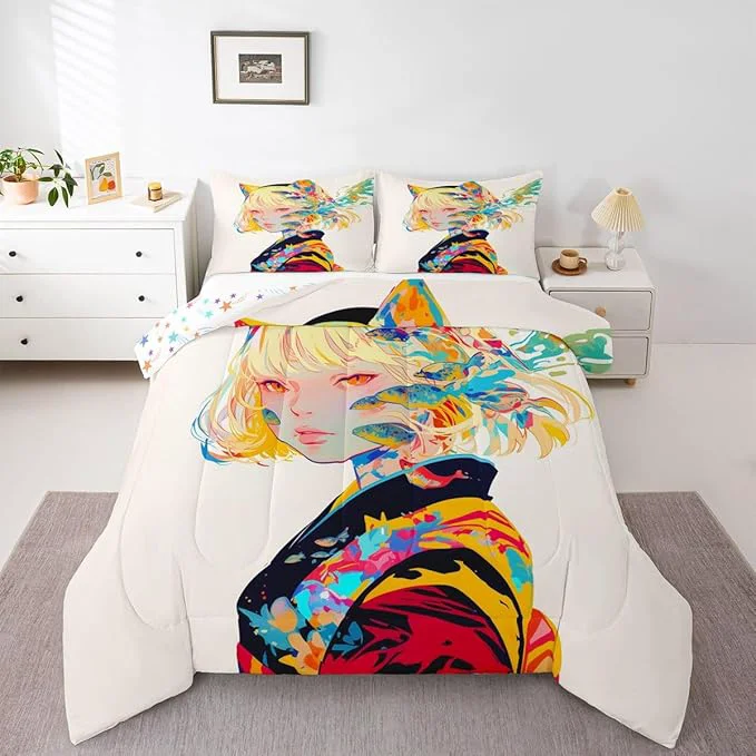 Safe Erosebridal 3D Bedding Comforter Sets – Japanese Girl Style Full for Cartoon Fans – Kawaii Design Pattern Duvet Insert with 2 Pillow Cases Easy-to-Use