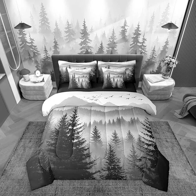 Solid Erosebridal 7 Piece Black Grey Twin Comforter Set with Sheets Smoky Mountain Forest Bed in A Bag Rustic Woodland Pine Trees Bedding Sets for Kids Boys Adults Men Nature Landscape Bed Set Secure