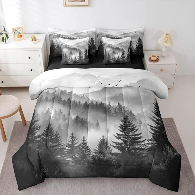 Powerful Erosebridal Foggy Mountain Twin Comforter Set with Sheets 7 Piece Grey Forest Pine Tree Bed in A Bag Nature Misty Woodland Bedding Sets for Kids Adults Flying Bird Bed Set Stylish