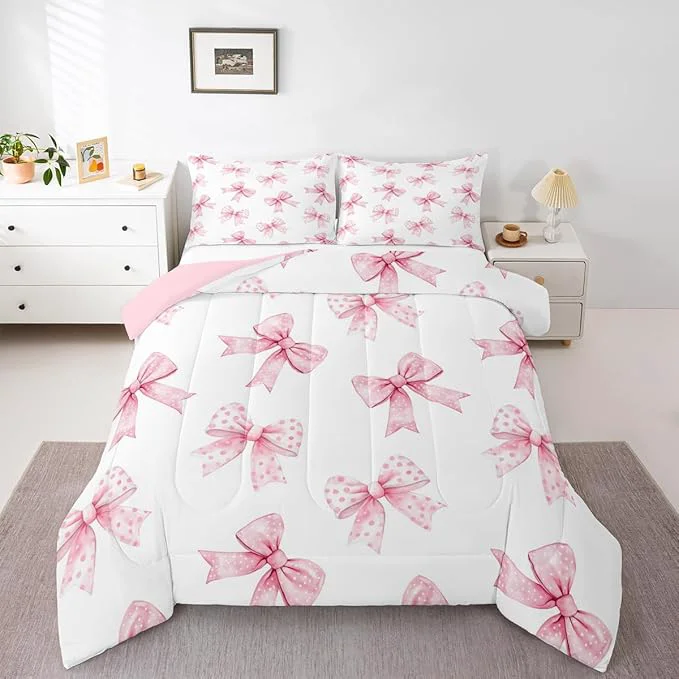 Sustainable Erosebridal Pink Bow Kids Bedding Coquette Bowknot Twin Comforter Sets Princess Girls Ribbon Bowtie Comforter Watercolor Cute Duvet Insert with 1 Pillow Case Proven