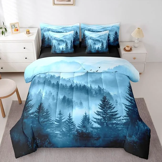 Convenient Erosebridal Foggy Mountain Queen Bedding Set 7 Piece Blue Forest Pine Tree Bed in A Bag with Sheets Nature Misty Woodland Comforter Set for Kids Adults Flying Bird Bed Sets Exceptional