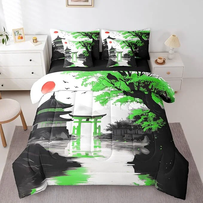 Unique Erosebridal Japanese 7 Piece Bed in A Bag King Sun Cherry Blossom Comforter Set with Sheets Watercolor Black Green Pavilions Mountain Sakura Floral Bedding Set for Kids Adults Chinese Ink Bed Set Refined