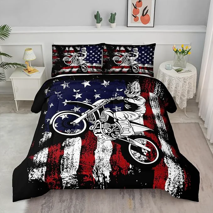 Functional Axolotl Motivational Dirt Bike American Flag Bedding with White Red Stripes Stars Motorcycle Racer Comforter for Boys Kids Teens Men – 1 Quilt 2 Pillowcases Refined