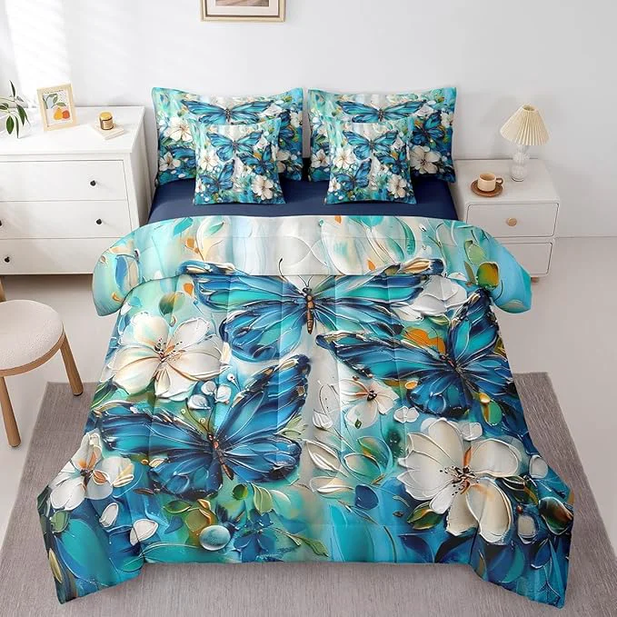 High-Quality Erosebridal Girls Teal Blue Butterfly Bedding Set Full 7 Piece White Flowers Oil Painting Boho Comforter Set Retro Floral Butterfly Bed in A Bag Aesthetics Bohemian Sheet Set with Comforter Outstanding