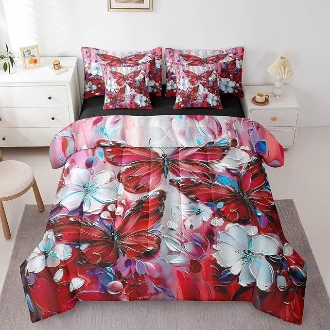 Trendy Erosebridal Girls Red Butterfly King Comforter Set 7 Piece White Flowers Oil Painting Boho Bedding Set Retro Hippie Floral Butterfly Bed in A Bag for Kids Women Aesthetics Bohemian Sheet Set Organic