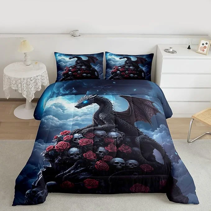 Flexible Castle Fairy Dragon Comforter Set Toddler Size Halloween Skull Bedding Set for Kids Teens Bedroom Romantic Red Rose Down Comforter 2 Pcs 1 Pillowcase Recyclable