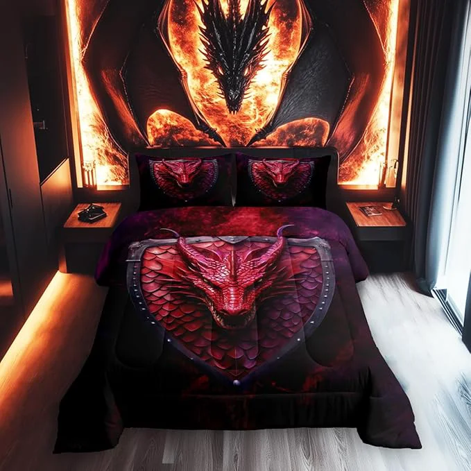 User-Friendly Castle Fairy Dragon Twin Size Comforter Set 3D Wildlife Animals Scales Quilt Set Soft Bed Collection Western Fierce Animals Bedding Comforter for Boys Girls Room Decor 2 Pcs Trendy