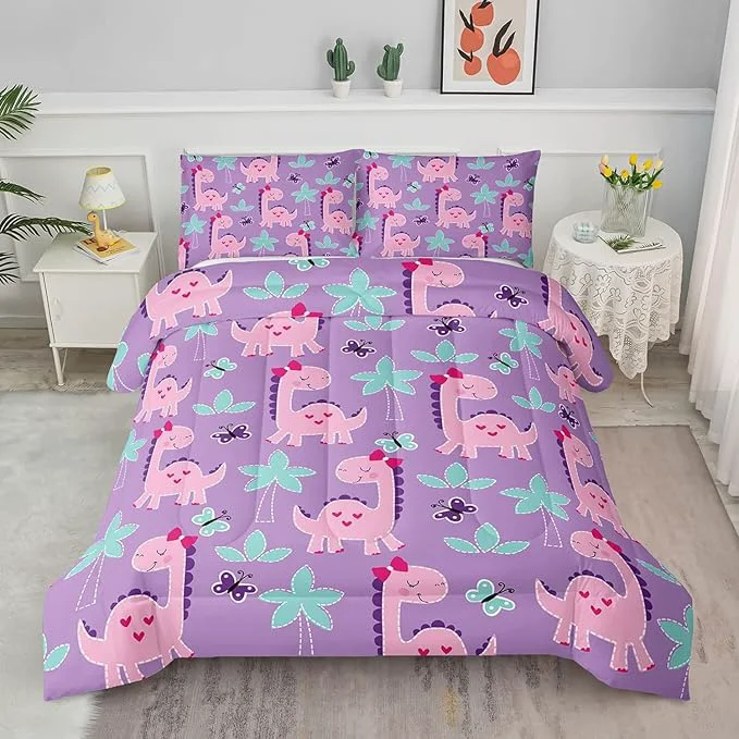 Top-Quality Axolotl Cute Dinosaur Comforter Set Queen Size Girls Bedding Cartoon Dinosaur Bedding Set for Girls Teens Kids Boys Adults Room Decor Kids Comforter Set All Season 1 Quilt 2 Pillow Cases Purple Minimalist