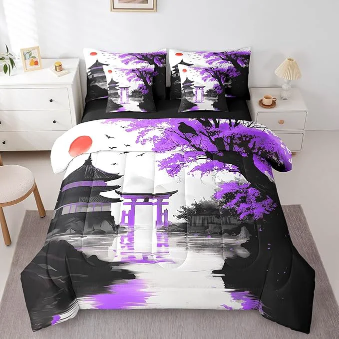 Traditional 7 Piece Japanese Bedding Set With Sheets Queen Sun Cherry Blossom Comforter Set Watercolor Black Purple Mountain Sakura Floral Bed In A Bag For Girls Adults Women Asian Chinese Ink Anime Bed Set Artisan