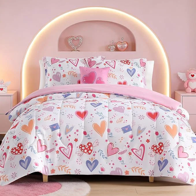 Powerful Kids Comforter Set Full Size for Girls Heart Bedding Set 1 Comforter 1 Decor Pillow 2 Pillow Shams Reliable