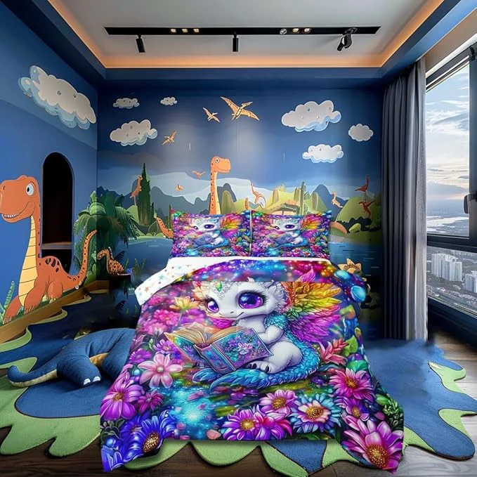 Unique Cartoon Dragon Comforter Set Toddler Size Western Wildlife Animal Bedding Set for Kids Teens Watercolor Flowers Down Comforter 2 Pcs 1 Pillowcase Long-Lasting