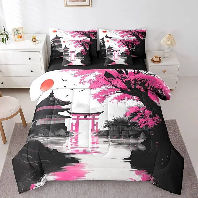 Practical Erosebridal Japanese Queen Comforter Set 7 Piece Sun Cherry Blossom Bedding Set for Teen Girls Women Watercolor Pink Black Mountain Sakura Floral Bed in A Bag Asian Chinese Ink Anime Sheet Set Flexible