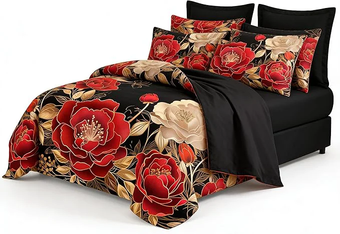 Stylish King Size Bed in A Bag Comforter Set for Women 7Pcs Black and Red Bedding Set Vintage Floral Comforter 1 Comforter 104 quot x90 quot amp 2 Pillowcases amp 1 Flat Sheet amp 1 Fitted Sheet amp 2 Pillowshams Elite