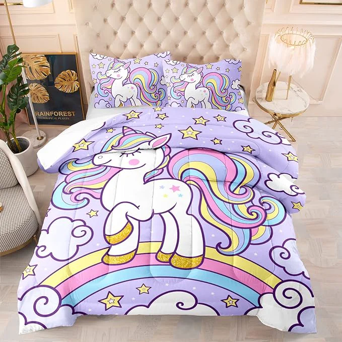 Practical Axolotl Rainbow Unicorn Bedding Set Full Purple Unicorn Kids Comforter Sets with Stars Cloud for Girls 1 Quilt with 2 Pillowcases for Girls Kids Teens Children Adults Bedroom Decor All Season Sustainable