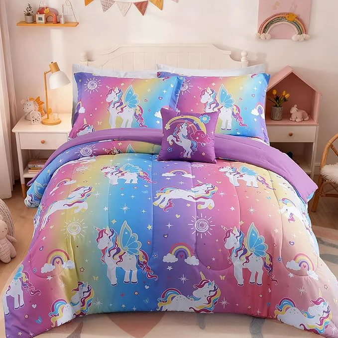 Trusted Twin Comforter Set for Girls -3 Pieces Rainbow Unicorn Twin Twin XL Bedding Set with 1 Comforter 1 Decor Pillow 1 Pillow Sham Certified