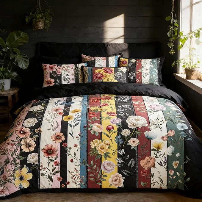 Consistent Black Vintage Floral Comforter Set Queen Size Farmhouse Botanical Flowers Bedding Set for Adult Women Bedroom Decor 3Pcs Lightweight Microfiber Comforter with 2 Pillowcases 90 quot x90 quot Reusable