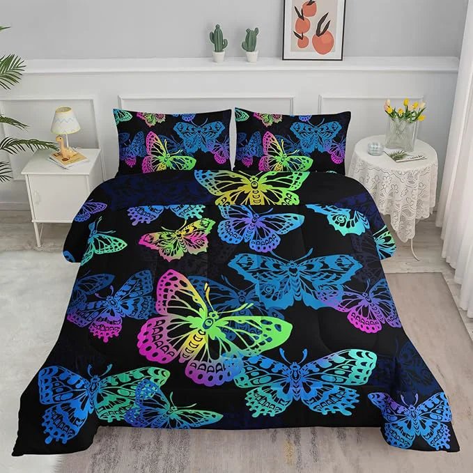 Official Axolotl Colorful Butterflies Bedding Set Twin Size Kids Bed Set Gradient Butterfly Comforter Set 1 Quilt with 2 Pillowcases for Boys Girls Kids Teens Children Adults Room Decor All Season Black Top-Quality