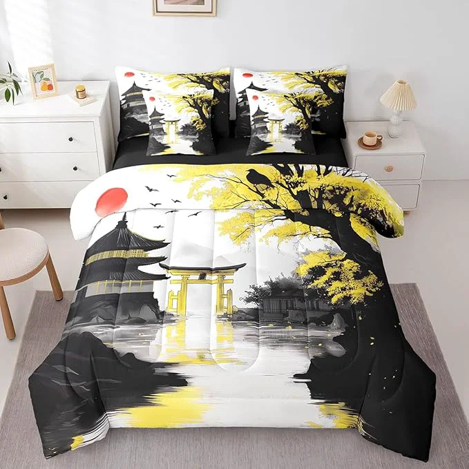 Detailed Erosebridal Japanese King Bed in A Bag with Sheets Sun Cherry Blossom Comforter Set 7 Piece Black Gold Pavilions Mountain Floral Bedding Set for Kids Adults Chinese Ink Anime Sheet Set Refined