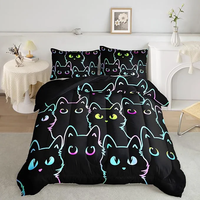 Quality Axolotl Kids Bedding Cartoon Cat Comforter Set Twin Size Gradient Line Cute Cat Bedding Set for Teens Boys Girls Adults Room Decor Kids Comforter Set All Season 1 Comforter 2 Pillow Cases Black Casual