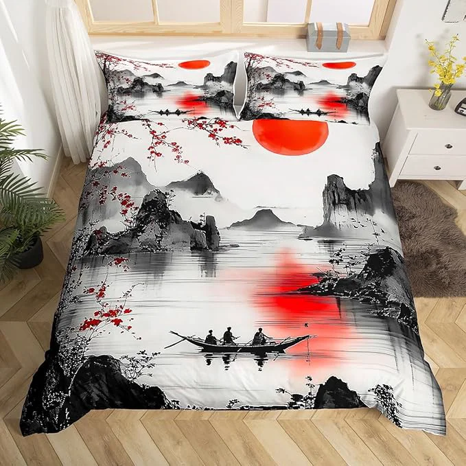 Enhanced Feelyou Japanese Theme Bedding Set Queen Size Cherry Blossom Duvet Cover for Adult Kids Boys Girls Watercolor Comforter Cover Set Natural Landscape Bedspread Cover 3Pcs Zipper Superior