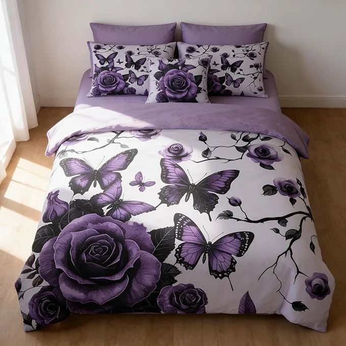 Durable Vintage Floral Comforter Set Full Size Purple Floral Bedding Set for Gothic Bedroom Decor 23 Pieces Soft Microfiber Lightweight Comforter Set with 2 Pillowcases 79 quot x90 quot High-End