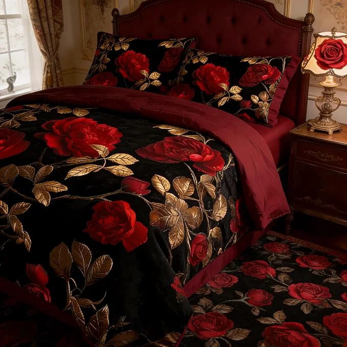 Traditional Black Red Roses Comforter Set King Size Vintage Gothic Floral Bedding on Burgundy Backround – 3Pcs Romantic Microfiber Quilted Set with 2 Pillowcases for All Season 104 quot x90 quot Authentic