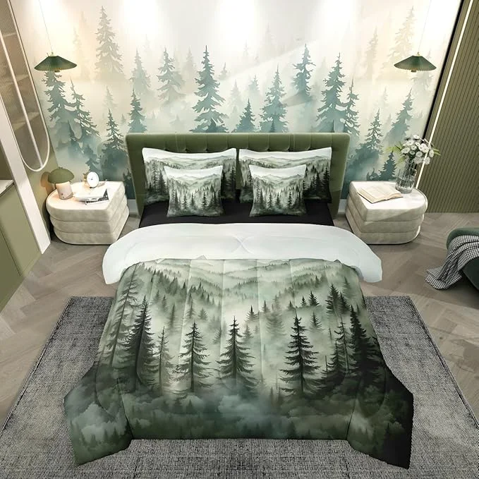 Trendy Erosebridal Smoky Mountain Bedding Set King Nature Forest Green Comforter Set 7 Piece Rustic Woodland Botanical Pine Tree Bed in A Bag for Kids Adults Natural Jungle Plants Sheet Set with Comforter High-Quality