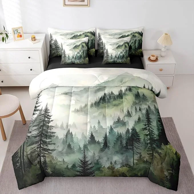 Easy-to-Use Erosebridal Dark Green Misty Forest Queen Bed in A Bag 7 Piece Mountain Foggy Woodland Comforter Set with Sheets Rustic Pine Tree Bedding Sets for Kids Adults Watercolor Nature Theme Bed Set Consistent