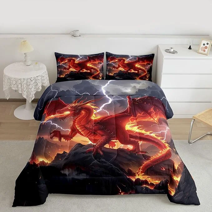 Traditional Castle Fairy Dragon Kids Comforter Set Cool Wild Animals Down Adults Bedroom Decor Red Flame Ultra Soft Microfiber Inner Fill 3Pcs Bedding Queen Size Natural