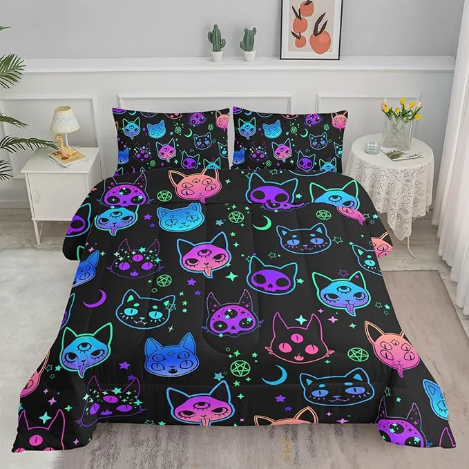 Eco-Friendly Axolotl Cat Comforter Set Twin Kawaii Trippy Cat Moon Stars Bedding Set with 1 Comforter 2 Pillowcases for Kids Boys Girls Teens Adults Room Decor All Season Colorful Neon Trippy Bed Set Premium