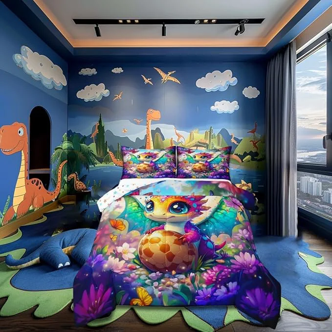 Reusable Castle Fairy Baby Dragon Eggs King Size Comforter Duvet Set Cartoon Dragon Ultra Soft Bed Collection Watercolor Flowers Butterfly Bedding for Room Decor 3 Pcs Microfiber Breathable Specialty
