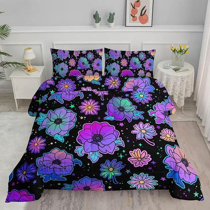 Authentic Axolotl Neon Floral Bedding Set Twin Gradient Floral Comforter Set for Girls Colorful Flower Bedding Set Stars Galaxy Series Comforter for Kids Boys Girls Teens Adults 1 Quilt 2 Pillowcases Black Responsible