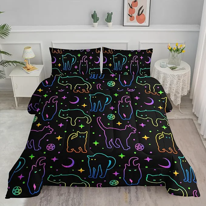 Breathable Black Cat Bedding Cartoon Cat Comforter Set Full Moon Stars Printed Kids Bedding Set for Boys Girls Adults Room Decor Kids Comforter Set All Season 1 Quilt 2 Pillow Cases Neon Color Blue Green Elite