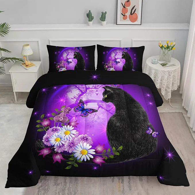 Sustainable Black Cat Bedding Cartoon Cat Comforter Set Twin Daisy Butterflies Printed Kids Bedding Set for Kids Boys Girls Adults Room Decor Kids Comforter Set All Season 1 Quilt 2 Pillow Cases Professional