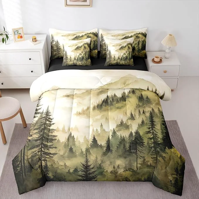 Specialty Erosebridal Yellow Misty Forest Full Bedding Set 7 Piece Mountain Foggy Woodland Bed in A Bag with Sheets Rustic Pine Tree Comforter Set for Kids Adults Watercolor Nature Theme Bed Sets Innovative